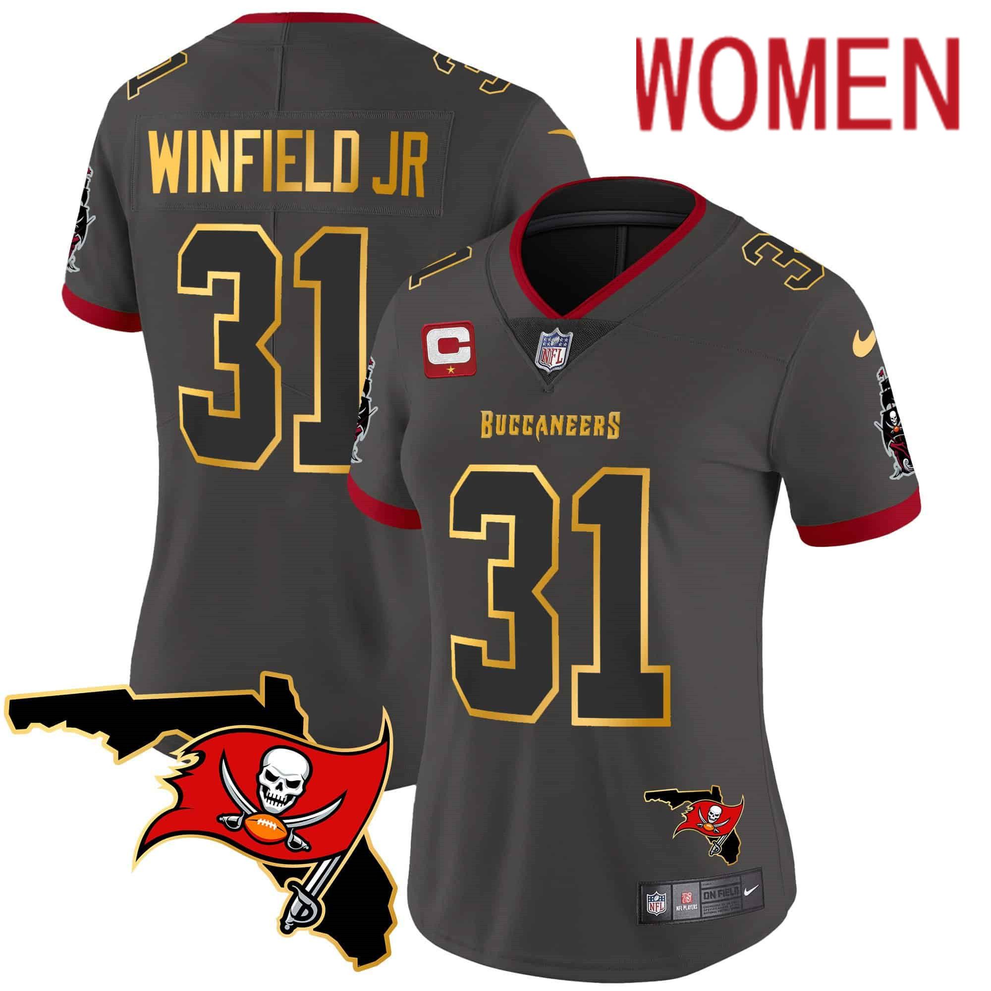 Women Tampa Bay Buccaneers 31 Winfield jr Grey 2024 Nike Florida Patch Gold Trim Vapor NFL Jersey